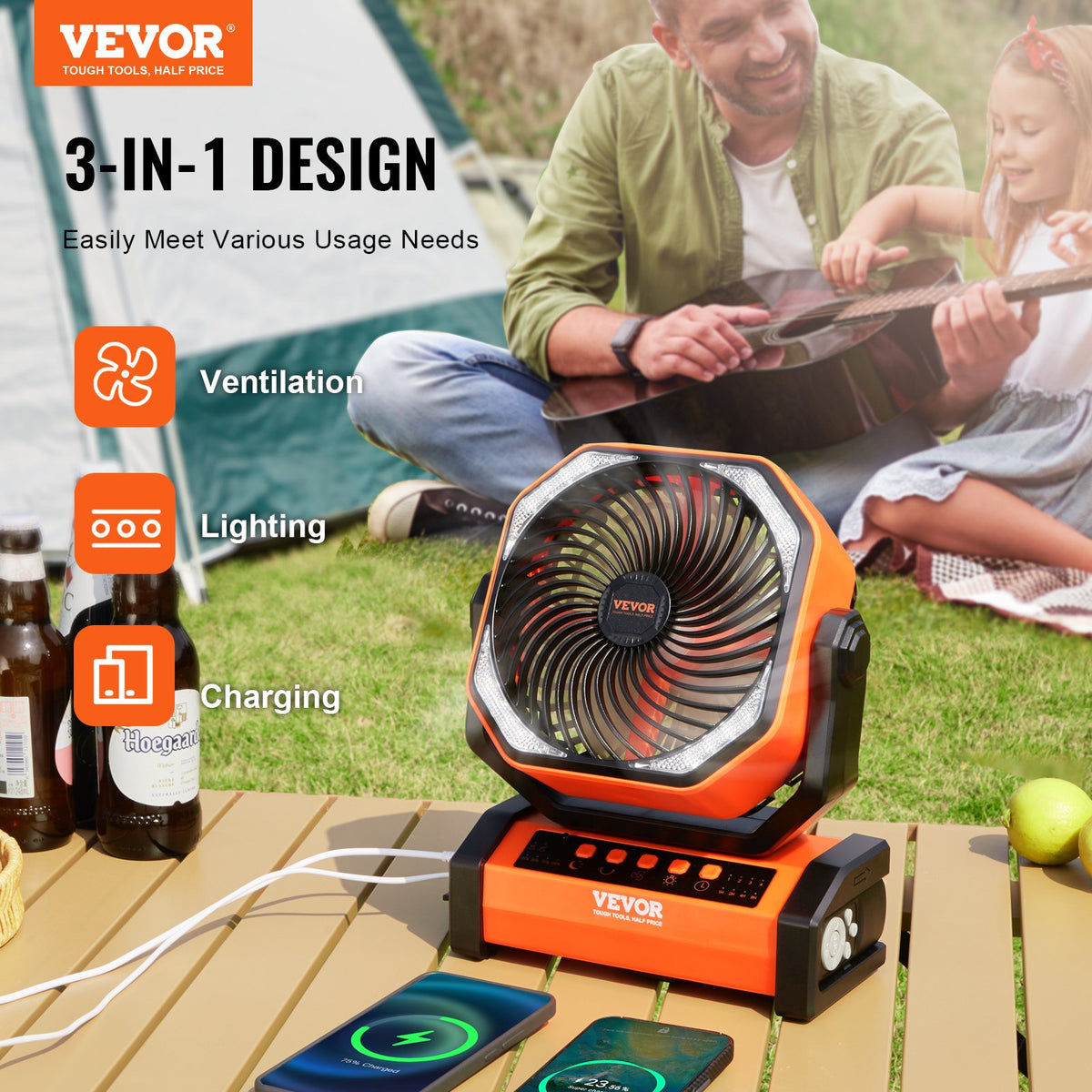 VEVOR Portable Fan Rechargeable 9 Inch, Battery Powered Fan With LED Lantern, 4 Speeds Adjustable  Automatic Swivel & Timer , USB Battery Operated Fans For Travel Bedroom Home Camping Office