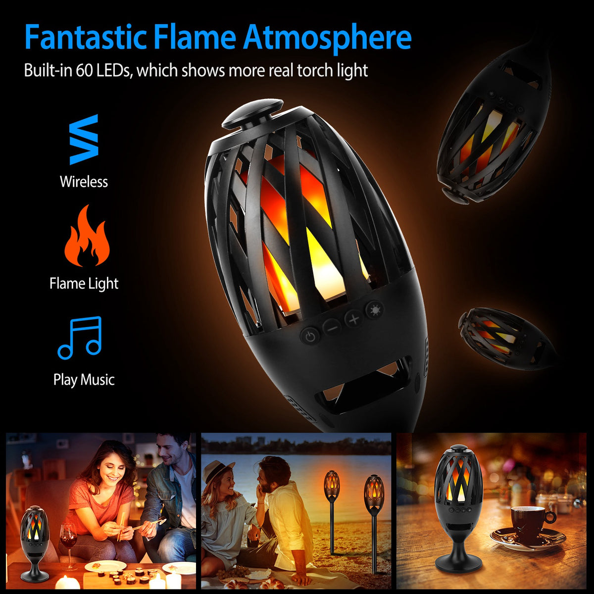 1Pc LED Flame Speakers Torch Wireless Speaker Waterproof Stereo Bass Speaker Outdoor Light-Up Speaker Atmosphere LED Flickers Night Light Patio Stake Lights Lantern For Party Camping