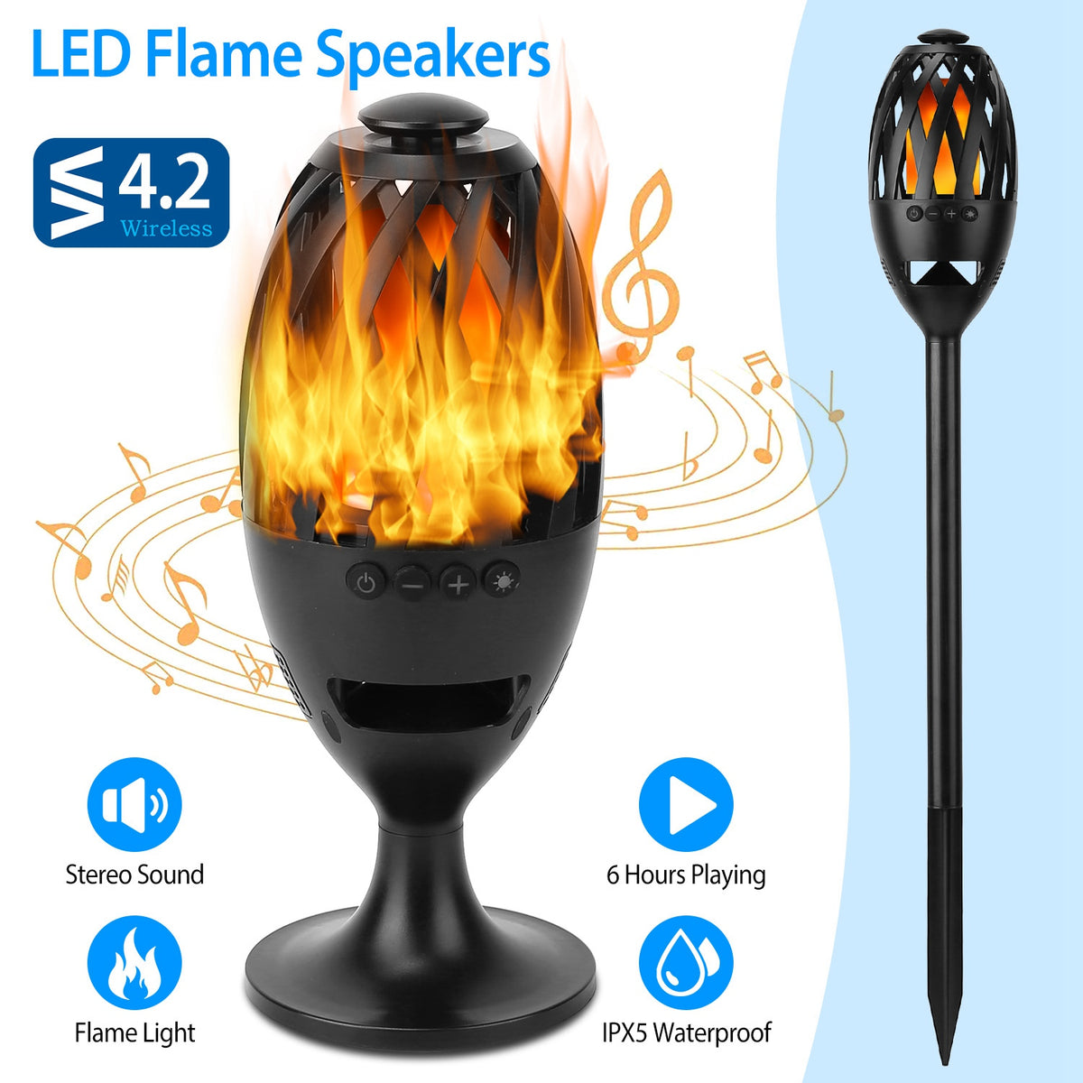 1Pc LED Flame Speakers Torch Wireless Speaker Waterproof Stereo Bass Speaker Outdoor Light-Up Speaker Atmosphere LED Flickers Night Light Patio Stake Lights Lantern For Party Camping