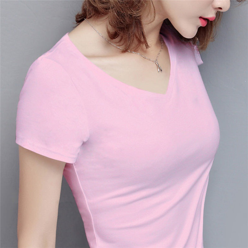 S-5XL Women's Cotton T-shirt Summer V-neck Tops Tees Female